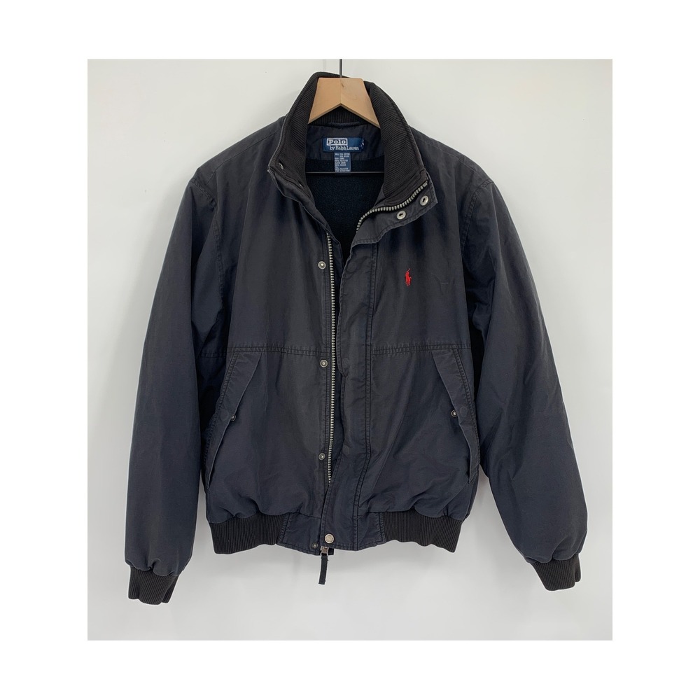 Vintage Polo Ralph Lauren Jacket Medium Black Bomber Distressed Fleece Lined